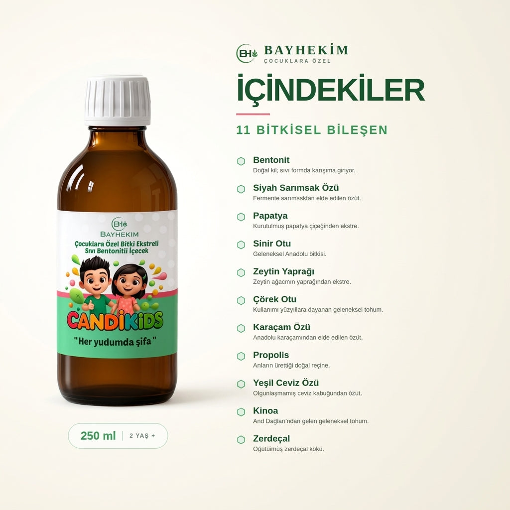 BayHekim Candikids Çocuklara Özel Bitki Ekstreli Ve Sıvı Bentonitli İçecek 250 Ml.