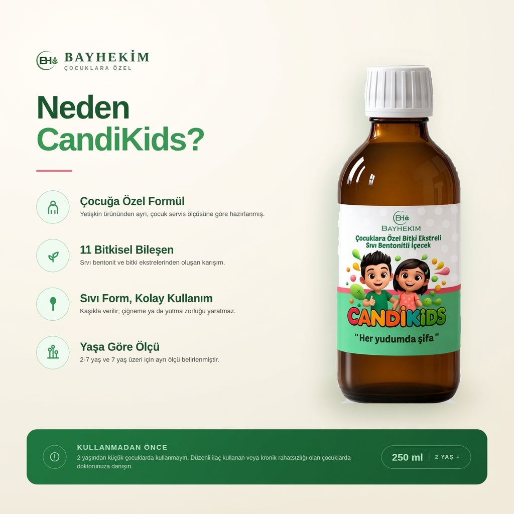BayHekim Candikids Çocuklara Özel Bitki Ekstreli Ve Sıvı Bentonitli İçecek 250 Ml.